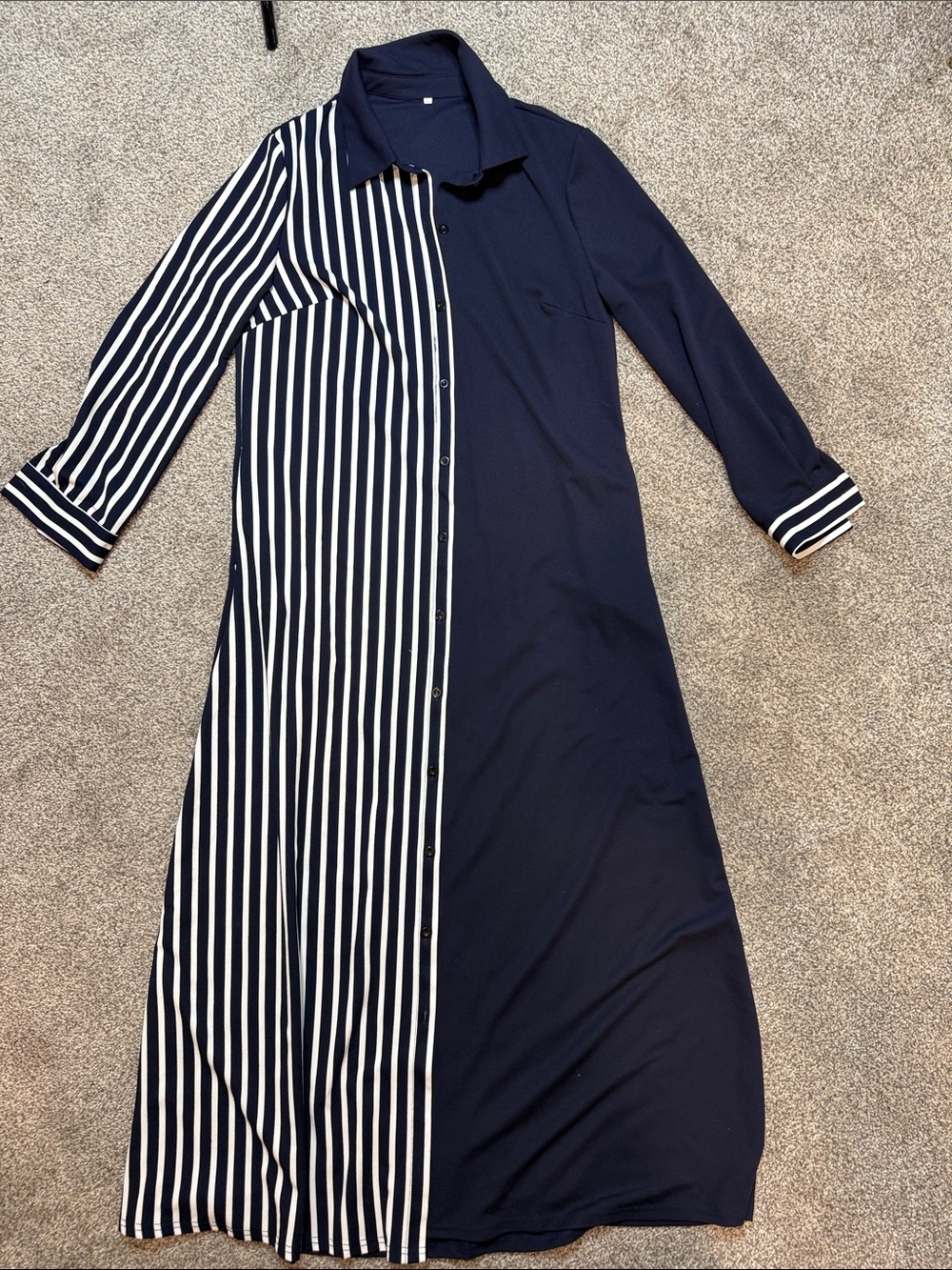 Anoname Navy and White Striped Long Sleeve Shirt Dress